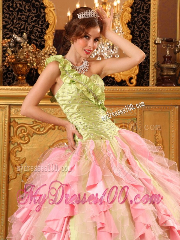 Multi-Color Ball Gown One Shoulder Beaded and Ruffled Quinceanera Dress