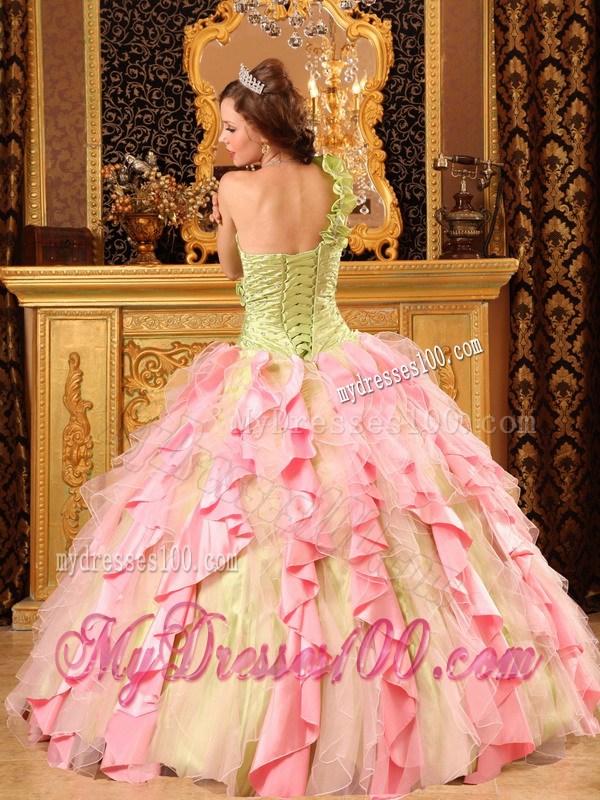 Multi-Color Ball Gown One Shoulder Beaded and Ruffled Quinceanera Dress
