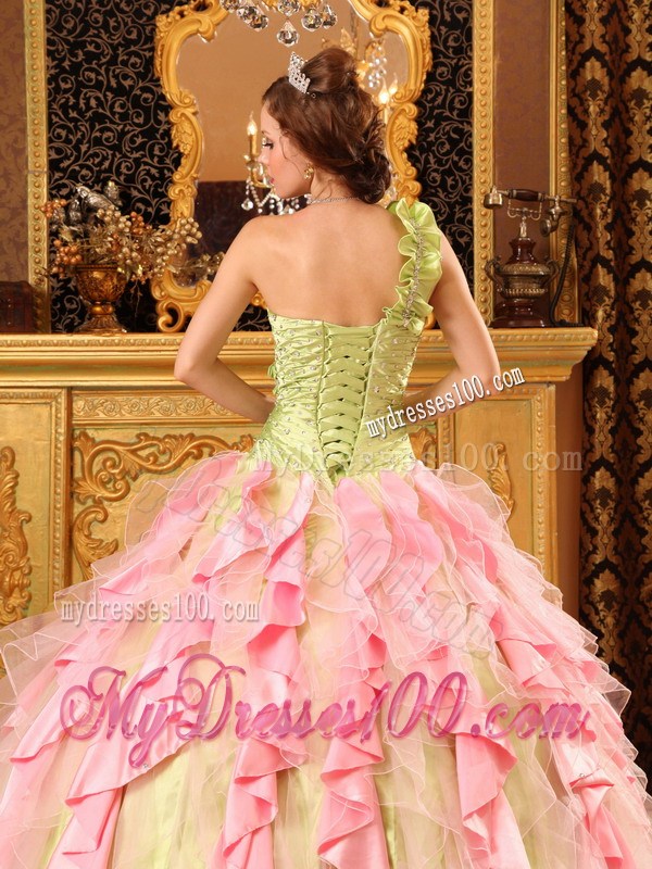 Multi-Color Ball Gown One Shoulder Beaded and Ruffled Quinceanera Dress