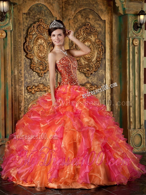 Multi-Color Ball Gown Strapless Quince Dress with Beading and Ruffles