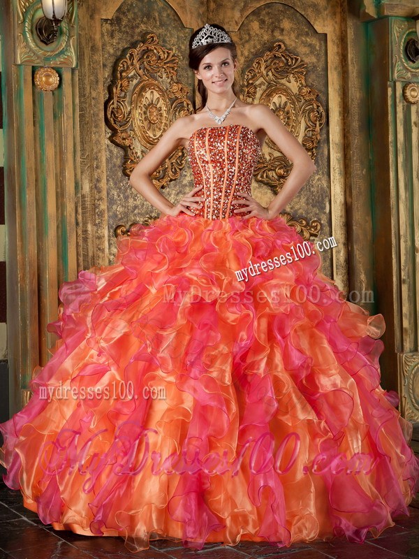 Multi-Color Ball Gown Strapless Quince Dress with Beading and Ruffles