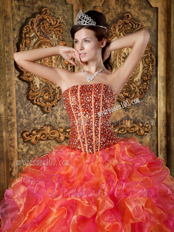 Multi-Color Ball Gown Strapless Quince Dress with Beading and Ruffles