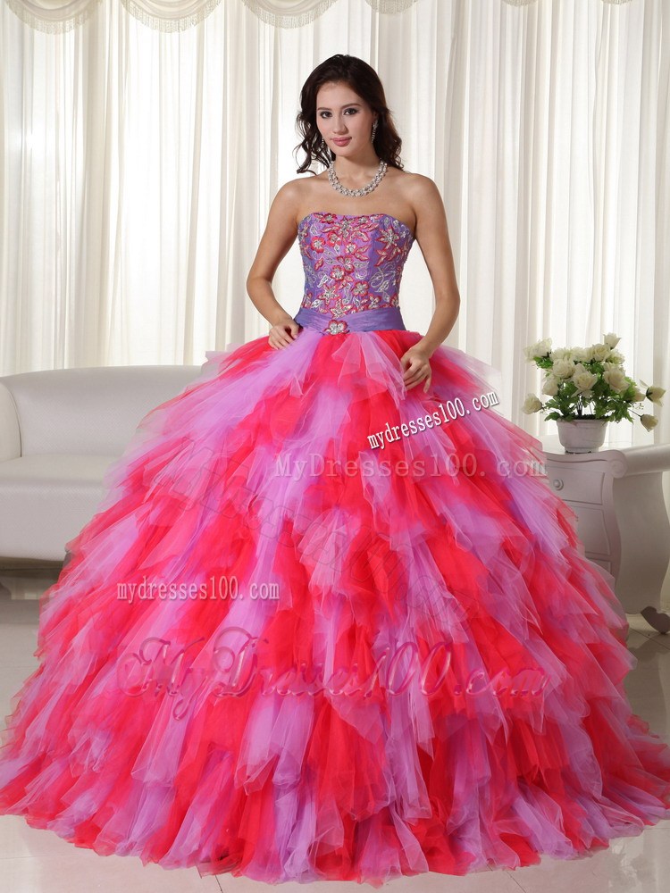 Multi-color Strapless Tulle Quinceanera Dress with Appliques and Beading