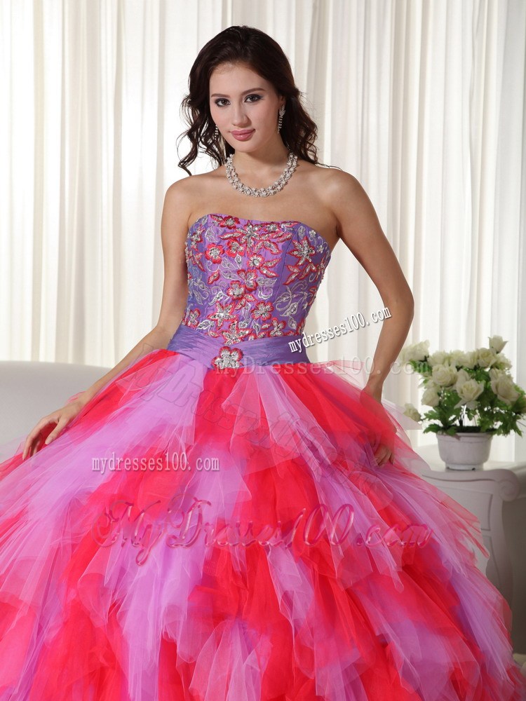 Multi-color Strapless Tulle Quinceanera Dress with Appliques and Beading