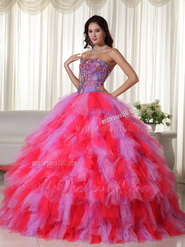 Multi-color Strapless Tulle Quinceanera Dress with Appliques and Beading