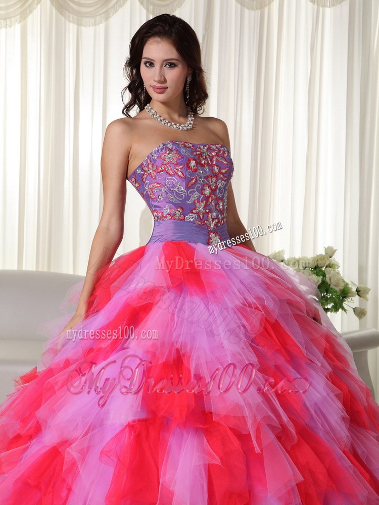 Multi-color Strapless Tulle Quinceanera Dress with Appliques and Beading