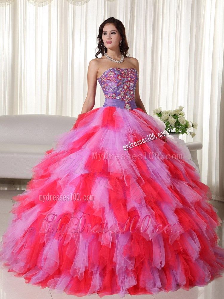Multi-color Strapless Tulle Quinceanera Dress with Appliques and Beading