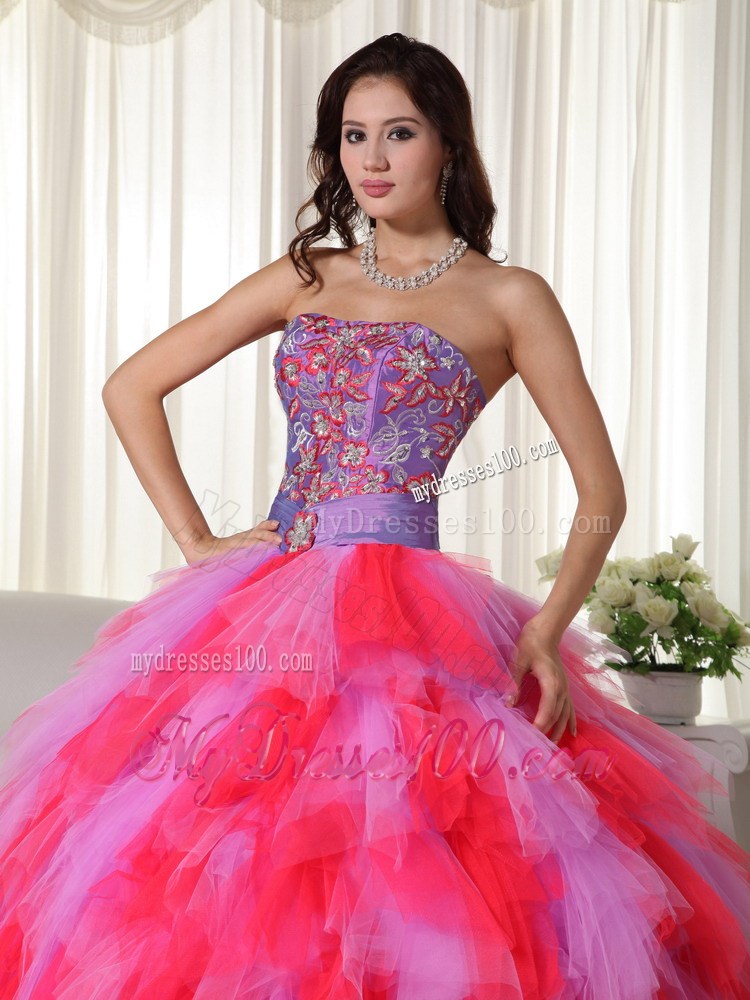 Multi-color Strapless Tulle Quinceanera Dress with Appliques and Beading