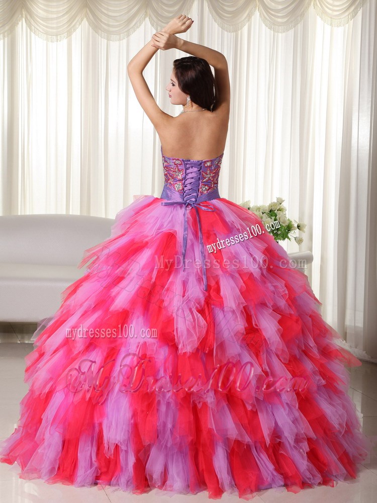 Multi-color Strapless Tulle Quinceanera Dress with Appliques and Beading