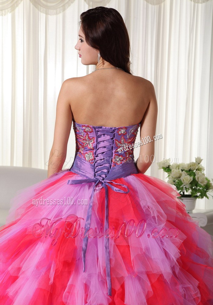 Multi-color Strapless Tulle Quinceanera Dress with Appliques and Beading