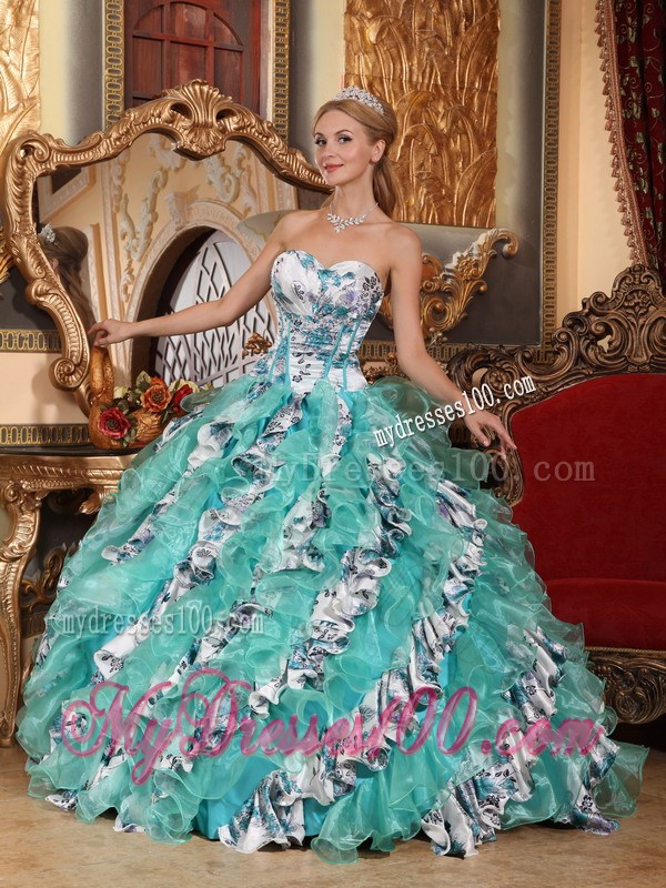 Multi-color Sweetheart Printing Quinceanera Dress with Organza Layers