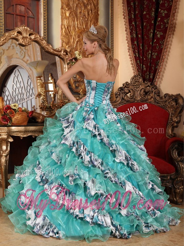 Multi-color Sweetheart Printing Quinceanera Dress with Organza Layers