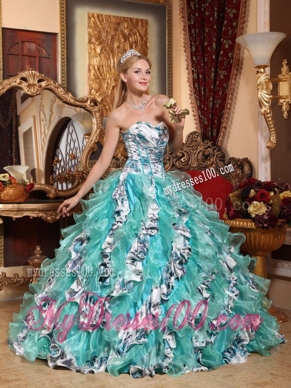 Multi-color Sweetheart Printing Quinceanera Dress with Organza Layers