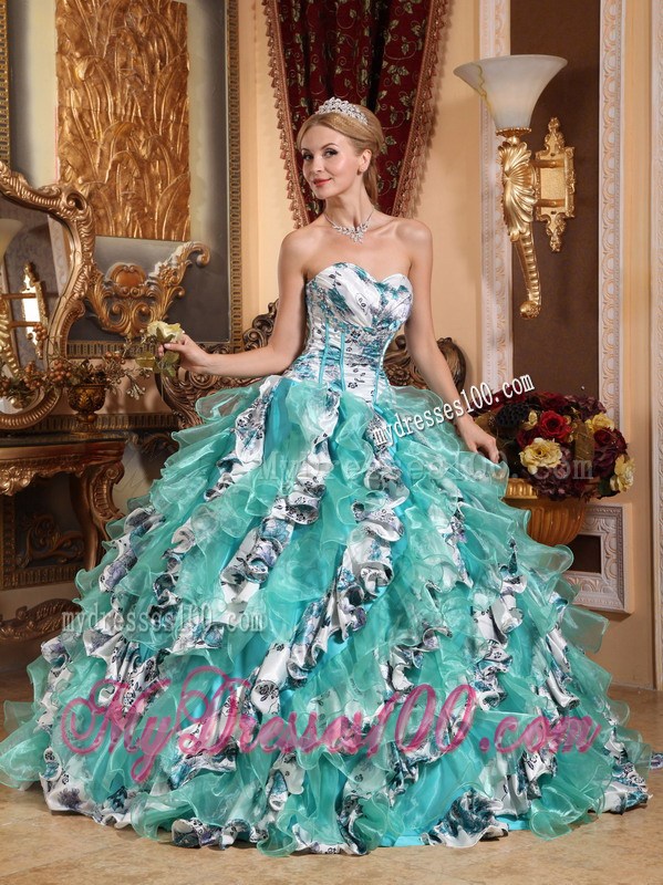 Multi-color Sweetheart Printing Quinceanera Dress with Organza Layers