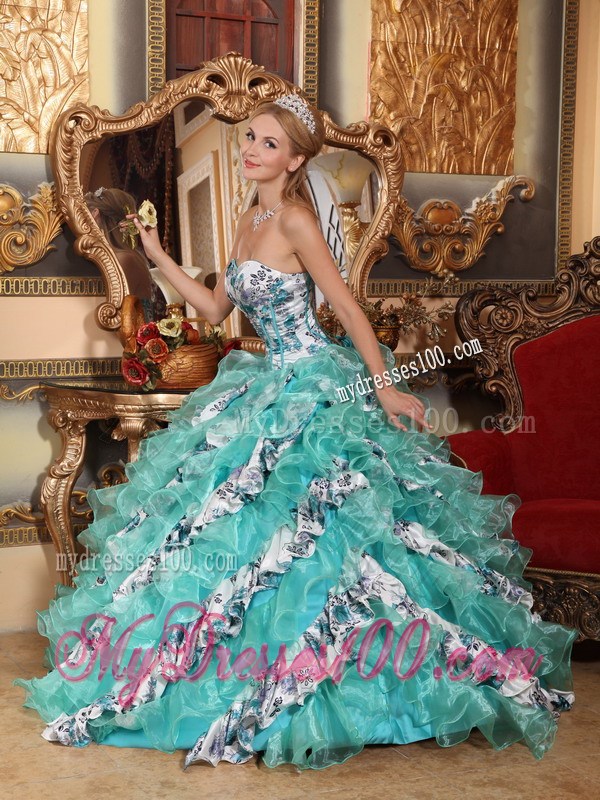 Multi-color Sweetheart Printing Quinceanera Dress with Organza Layers