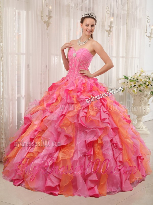 Multi-colored Sweetheart Appliques Quinceanera Dress Beading Ruffles