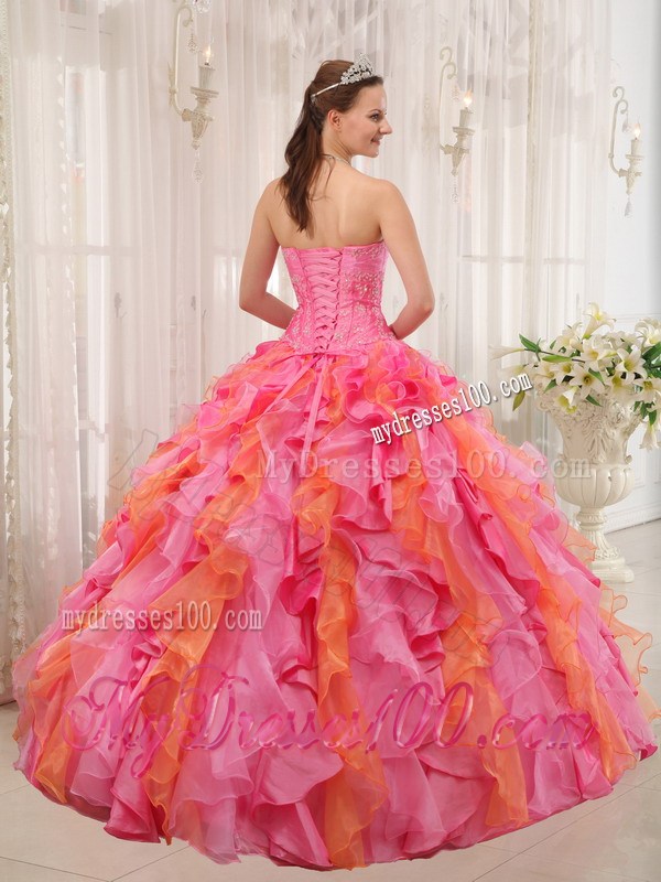 Multi-colored Sweetheart Appliques Quinceanera Dress Beading Ruffles