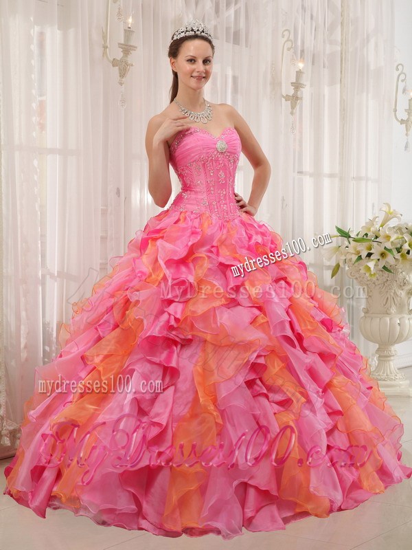 Multi-colored Sweetheart Appliques Quinceanera Dress Beading Ruffles