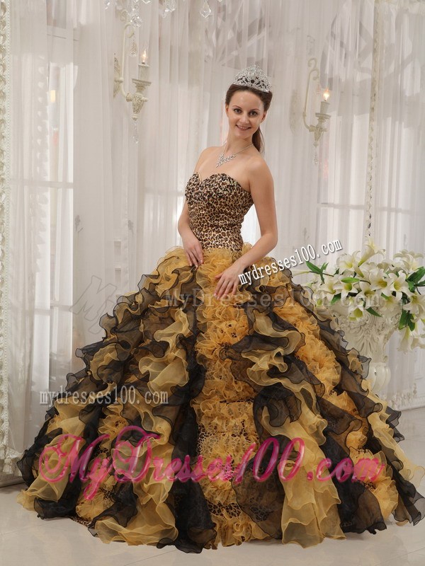 Beaded and Ruffled Multi-colored Sweetheart Ball Gown Quinceanera Dress