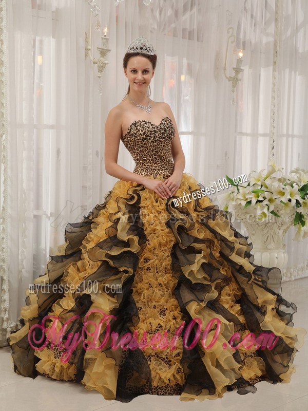 Beaded and Ruffled Multi-colored Sweetheart Ball Gown Quinceanera Dress