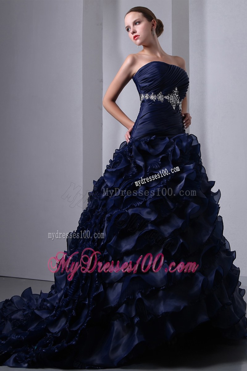 Navy Blue Strapless Brush Train Beading and Ruch Ruffles Quince Dress