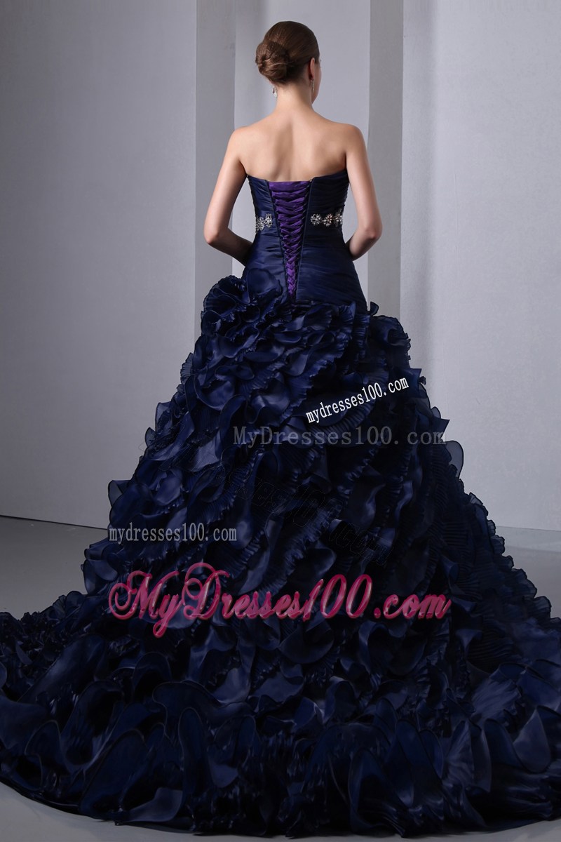 Navy Blue Strapless Brush Train Beading and Ruch Ruffles Quince Dress