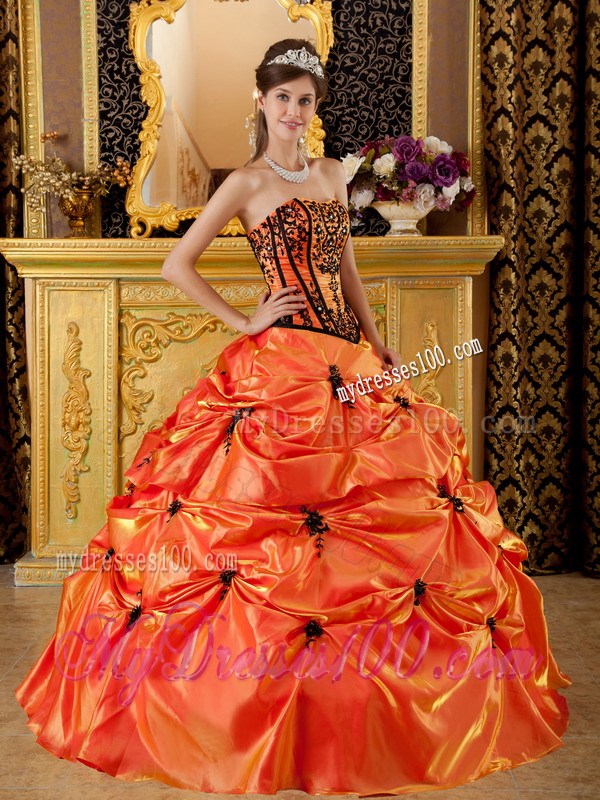 Orange Ball Gown Strapless Embroidery Pick-ups Quinceanera Dress