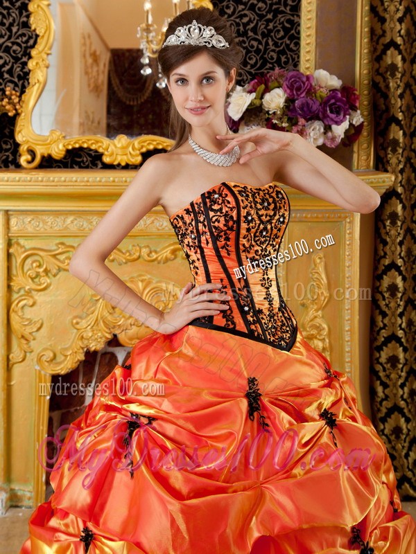 Orange Ball Gown Strapless Embroidery Pick-ups Quinceanera Dress
