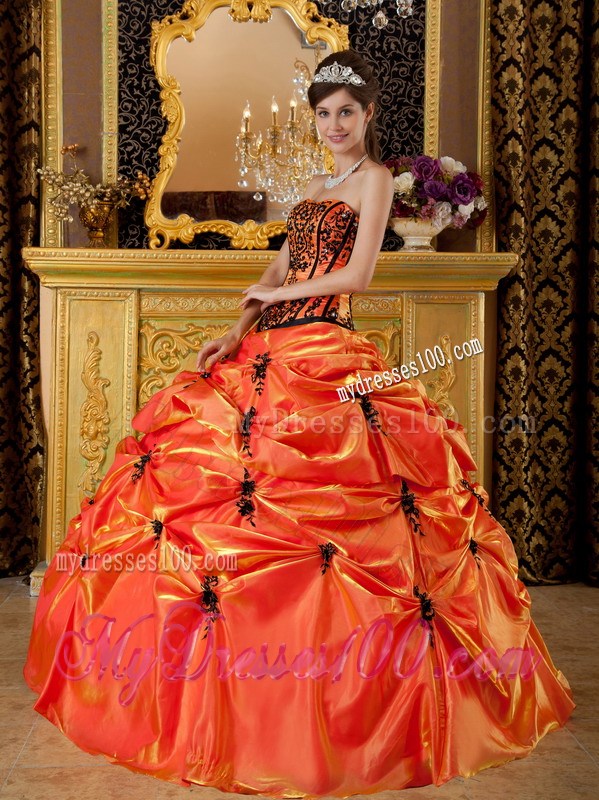 Orange Ball Gown Strapless Embroidery Pick-ups Quinceanera Dress
