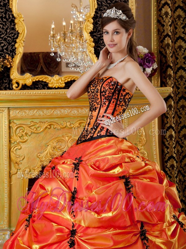 Orange Ball Gown Strapless Embroidery Pick-ups Quinceanera Dress
