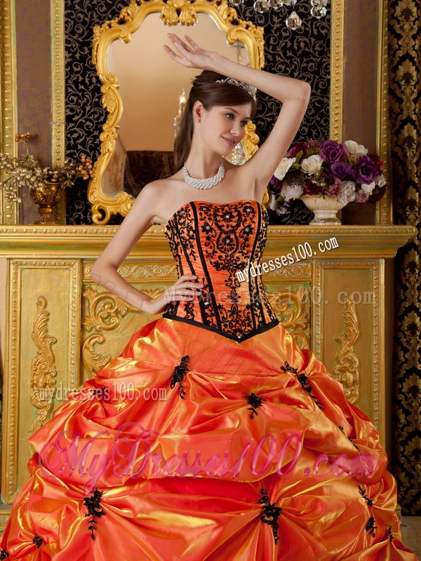 Orange Ball Gown Strapless Embroidery Pick-ups Quinceanera Dress