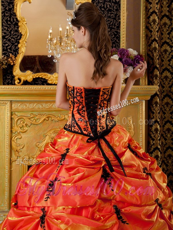 Orange Ball Gown Strapless Embroidery Pick-ups Quinceanera Dress