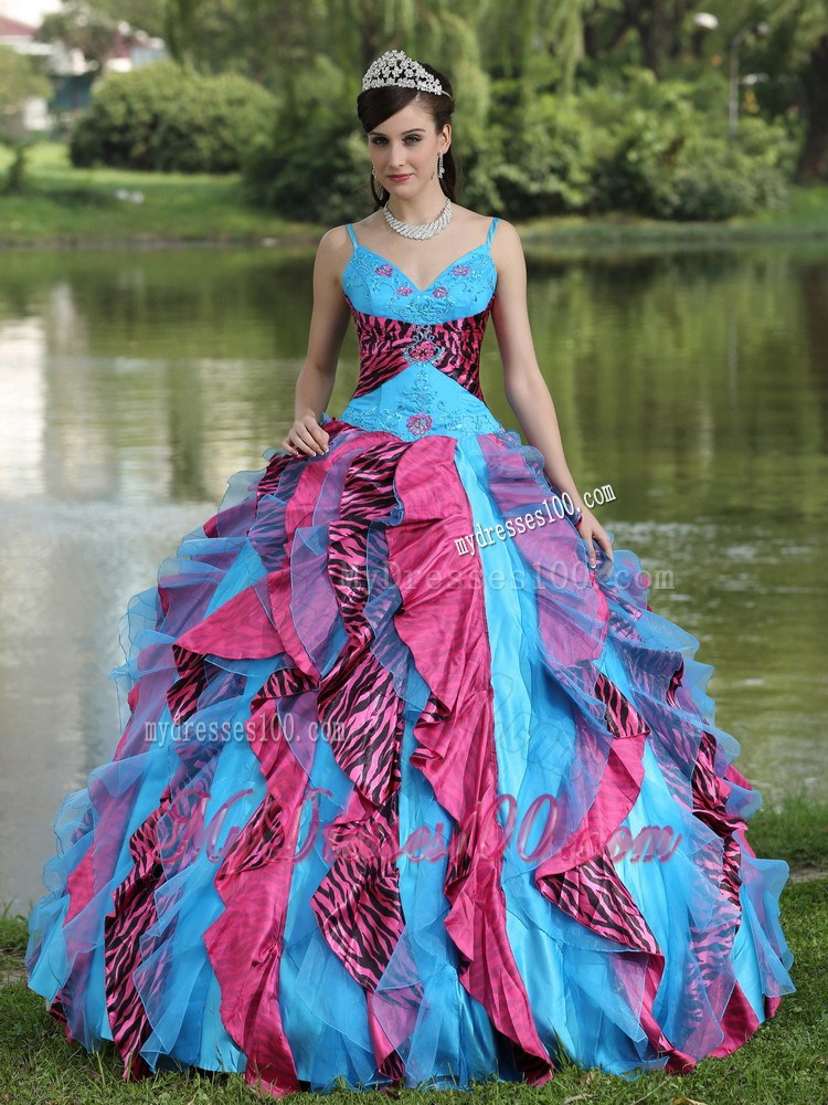 Organza Straps Beading and Ruffles 2013 Colorful Quinceanera Dress