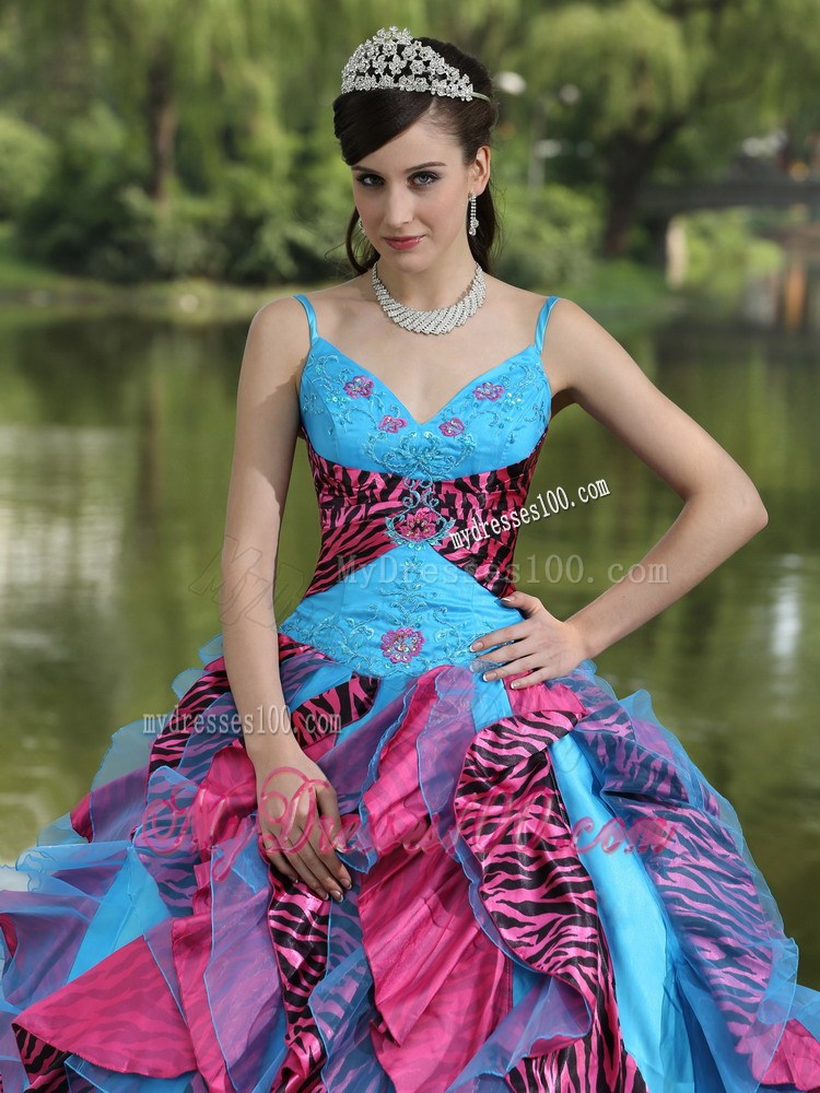Organza Straps Beading and Ruffles 2013 Colorful Quinceanera Dress