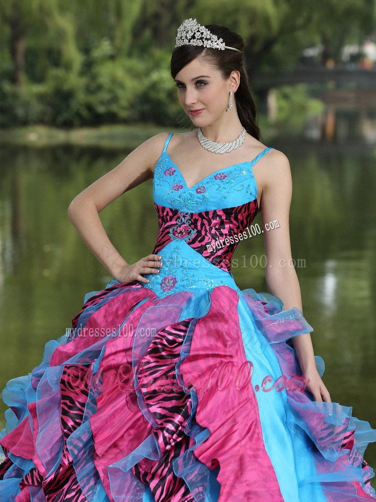 Organza Straps Beading and Ruffles 2013 Colorful Quinceanera Dress