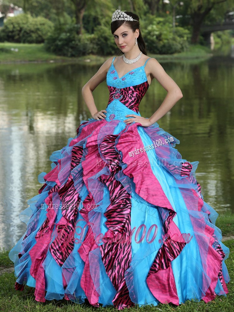 Organza Straps Beading and Ruffles 2013 Colorful Quinceanera Dress