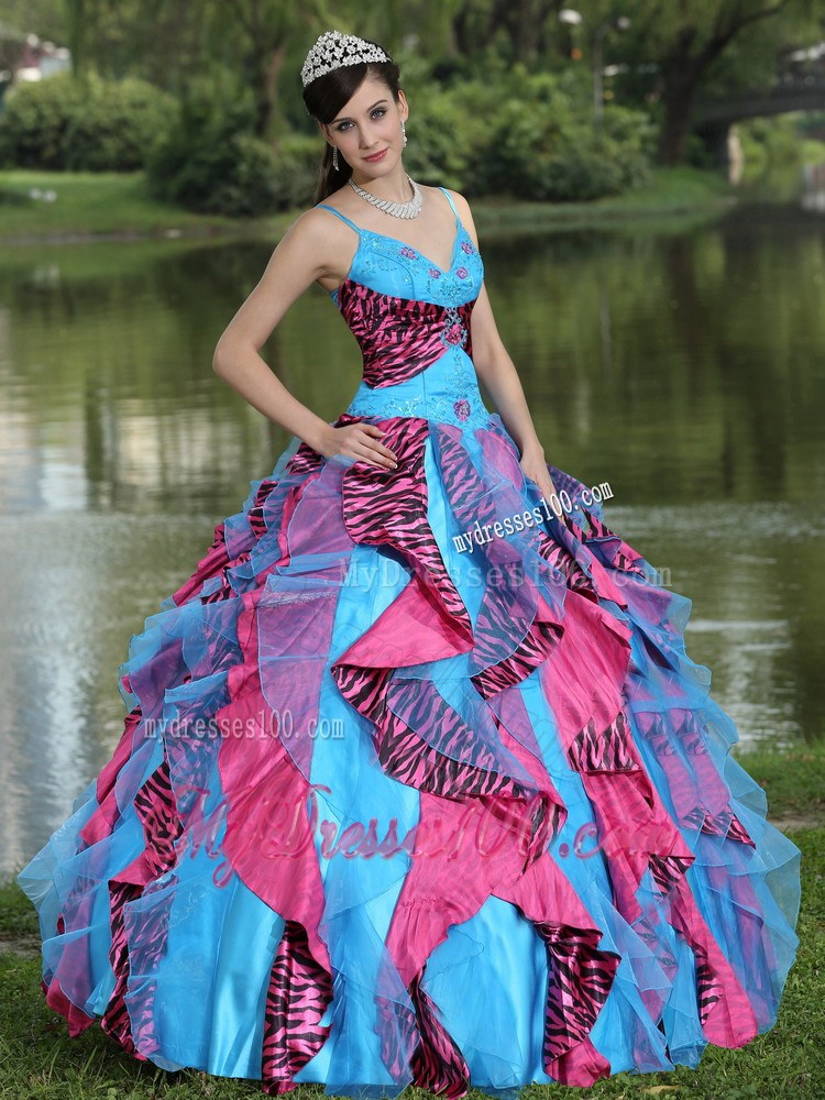 Organza Straps Beading and Ruffles 2013 Colorful Quinceanera Dress