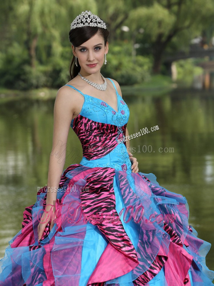 Organza Straps Beading and Ruffles 2013 Colorful Quinceanera Dress