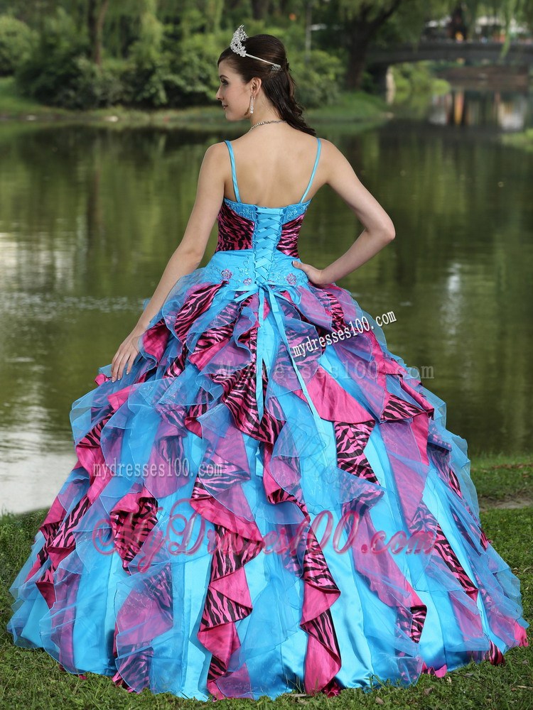 Organza Straps Beading and Ruffles 2013 Colorful Quinceanera Dress