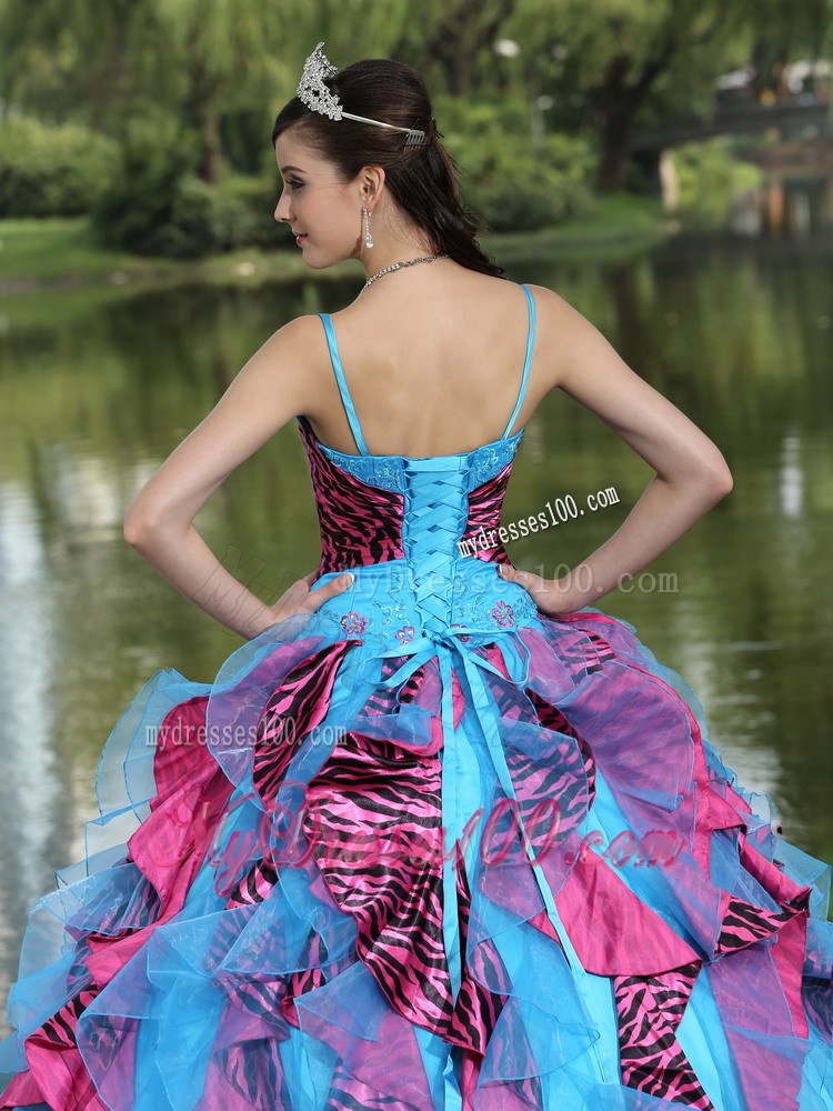 Organza Straps Beading and Ruffles 2013 Colorful Quinceanera Dress