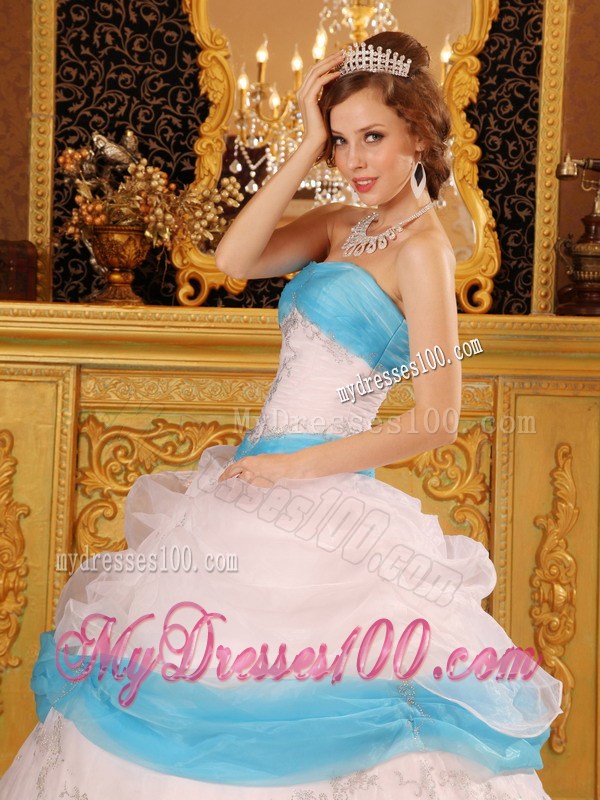 Ball Gown Strapless Dress for Sweet 15 with Pick-ups and Appliques
