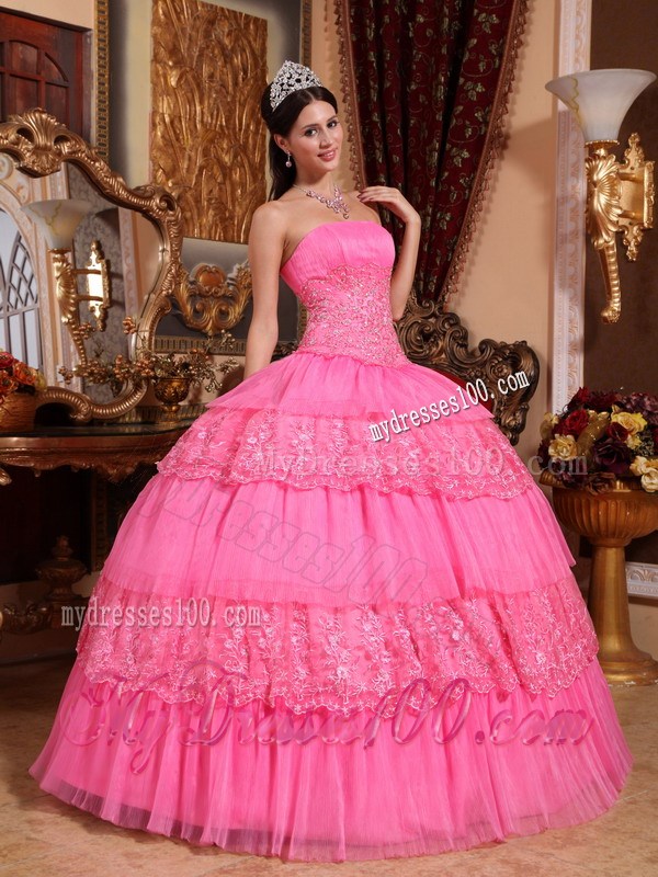 Pink Strapless Organza Quinceanera Dress with Lace and Appliques