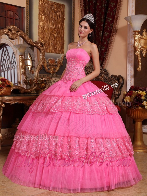 Pink Strapless Organza Quinceanera Dress with Lace and Appliques