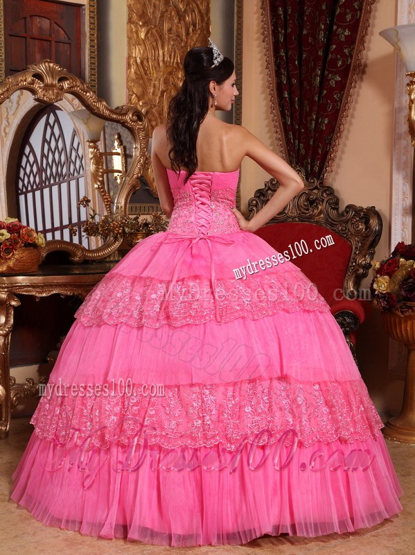 Pink Strapless Organza Quinceanera Dress with Lace and Appliques