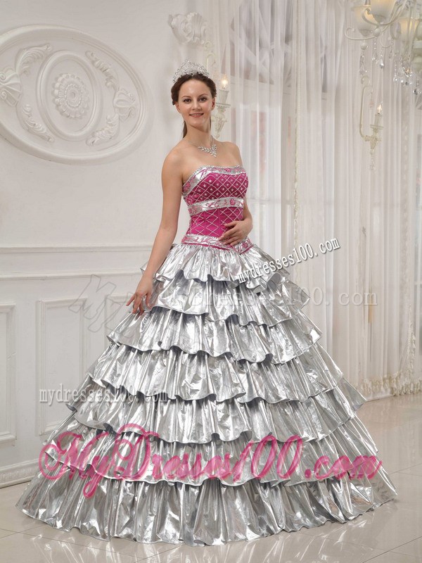 A-line Strapless Silver and Fuchsia Appliqued and Beaded Quince Dress