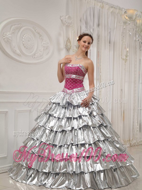 A-line Strapless Silver and Fuchsia Appliqued and Beaded Quince Dress