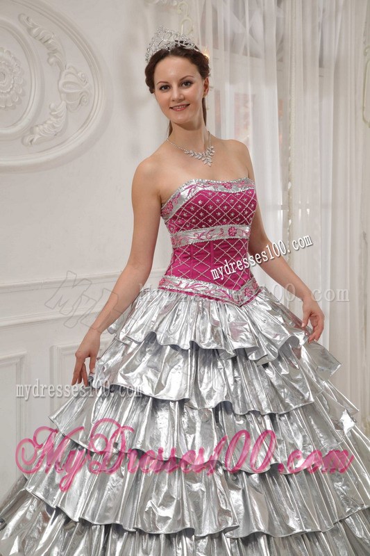 A-line Strapless Silver and Fuchsia Appliqued and Beaded Quince Dress