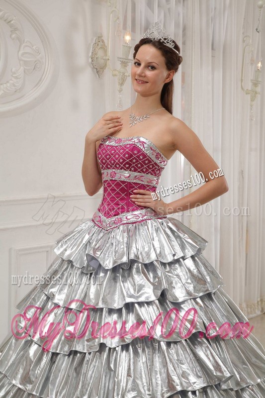 A-line Strapless Silver and Fuchsia Appliqued and Beaded Quince Dress