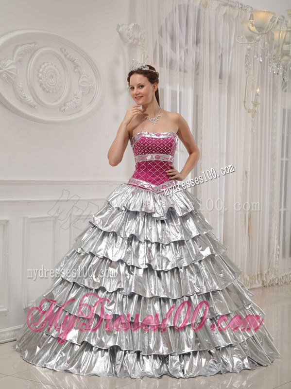 A-line Strapless Silver and Fuchsia Appliqued and Beaded Quince Dress
