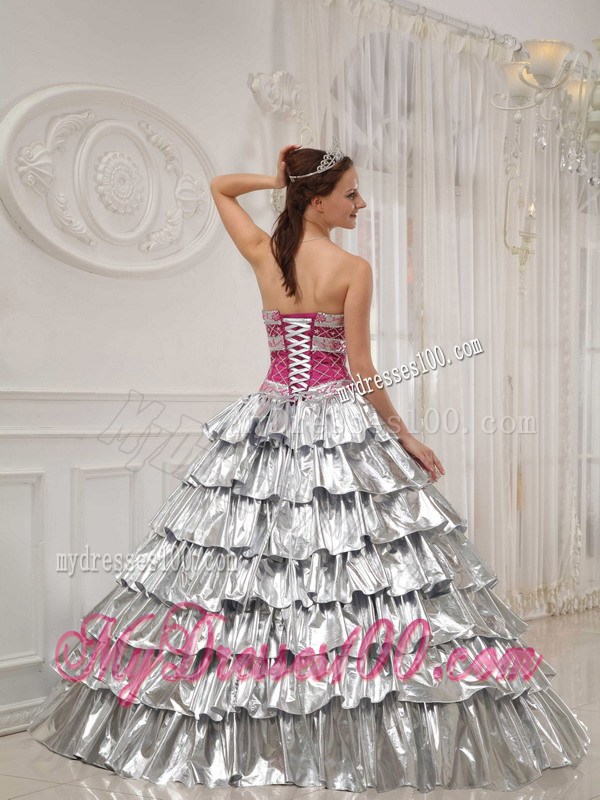 A-line Strapless Silver and Fuchsia Appliqued and Beaded Quince Dress